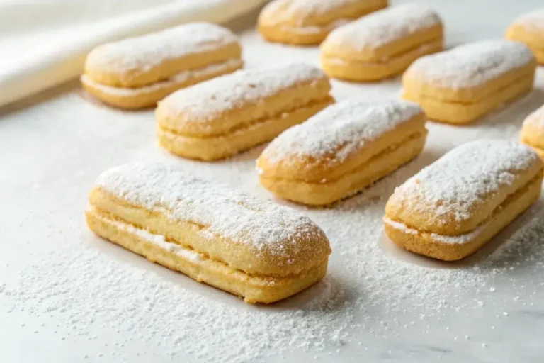 Biscuit cuillère maison dorés et moelleux, saupoudrés de sucre glace, joliment disposés sur une table en bois avec une tasse de café.