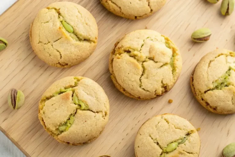 Cookies à la pistache dorés et moelleux, garnis de pistaches concassées, présentés sur une assiette rustique avec un verre de lait.