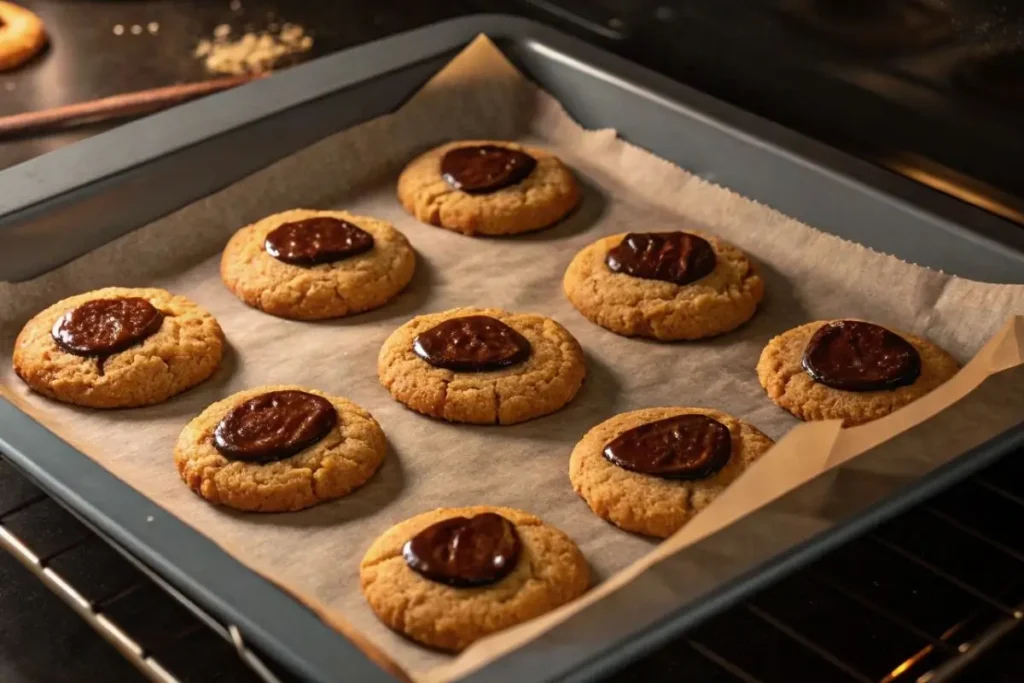 Cookies sans gluten en train de cuire dans un four, montrant des bords dorés et du chocolat fondu sur une plaque de cuisson.