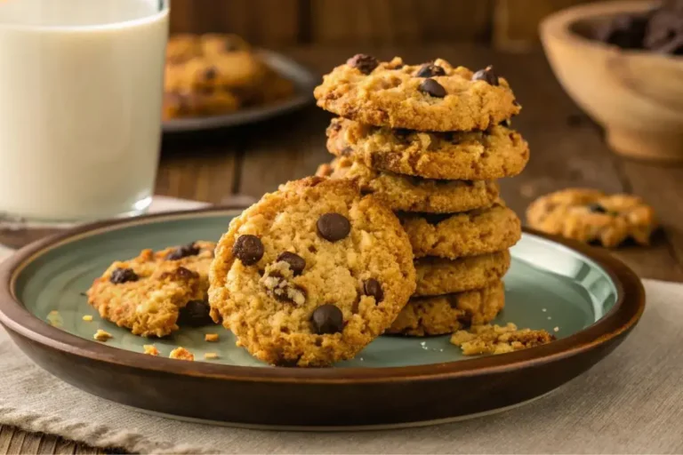 cookies flocons d’avoine et pépites de chocolat dorés et croustillants, servis sur une assiette avec un verre de lait en arrière-plan.