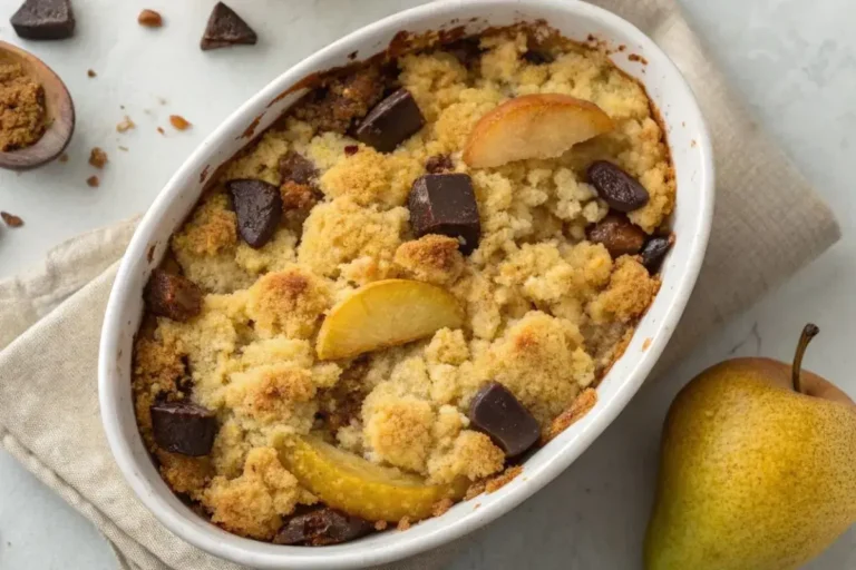 Crumble poire chocolat doré et croustillant dans un plat rustique, avec du chocolat fondu et des morceaux de poire visibles.