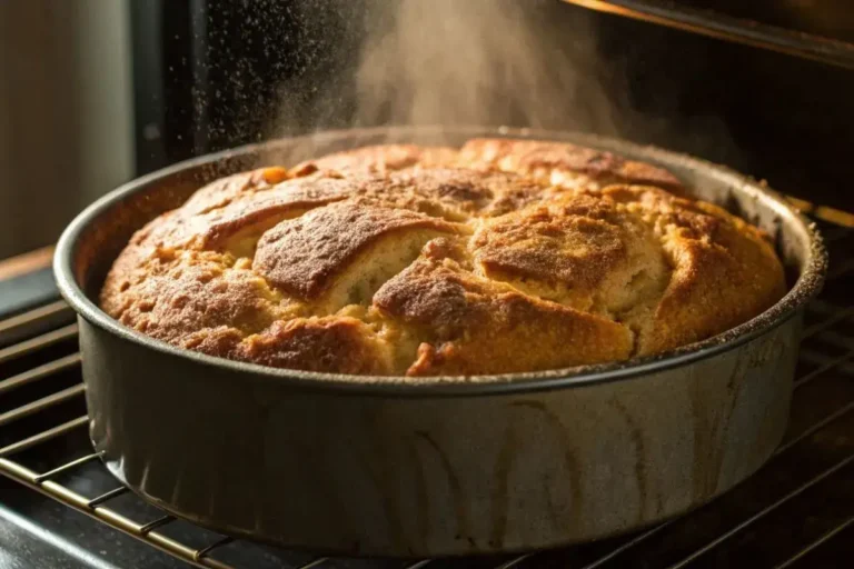 Gâteau pomme cannelle en train de cuire dans un four chaud, montant doucement dans un moule rond avec une belle couleur dorée sous la lumière du four.