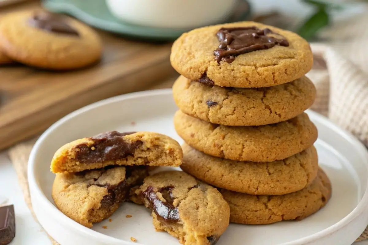 Cookies sans gluten maison, dorés et fondants, disposés sur une table en bois rustique avec des morceaux de chocolat visibles.
