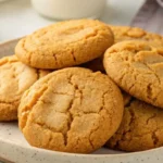 Cookies au beurre de cacahuète dorés et appétissants disposés sur une assiette avec quelques miettes sur la table.
