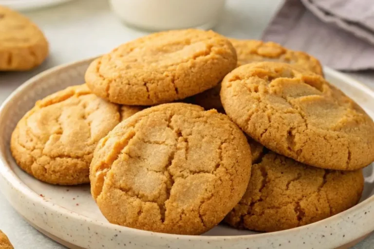 Cookies au beurre de cacahuète dorés et appétissants disposés sur une assiette avec quelques miettes sur la table.