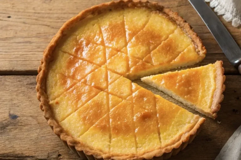Gâteau Breton doré avec une croûte croustillante et un motif quadrillé, posé sur une table en bois avec une part coupée révélant une texture fondante.