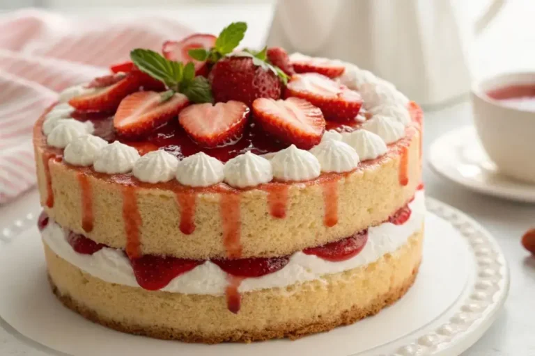 Gâteau fraises et mascarpone joliment présenté sur une assiette, avec des fraises fraîches et une crème onctueuse.