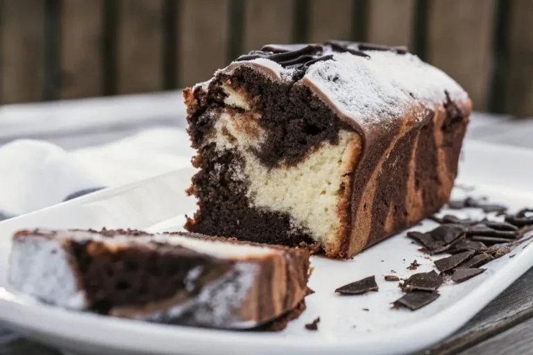 Gâteau marbré au chocolat parfaitement tranché, montrant les couches marbrées de chocolat riche et de pâte à la vanille, posé sur une assiette blanche élégante avec un fond en bois rustique. Le gâteau est décoré de copeaux de chocolat, d'un filet de chocolat fondu et d'une légère couche de sucre glace.