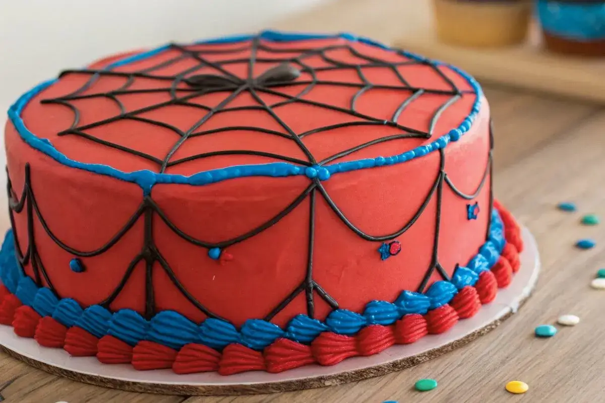 Gâteau Spiderman décoré avec glaçage rouge et bleu, motifs en toile d'araignée noirs et figurine comestible de Spiderman, parfait pour un anniversaire.
