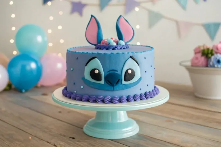 Gâteau Stitch décoré avec du fondant bleu et violet, posé sur un présentoir à gâteau pastel, entouré de ballons et de décorations d'anniversaire.