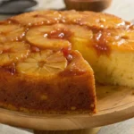 Gâteau à l’Ananas moelleux avec une surface caramélisée, un sirop brillant et une texture légère, présenté sur une table en bois.