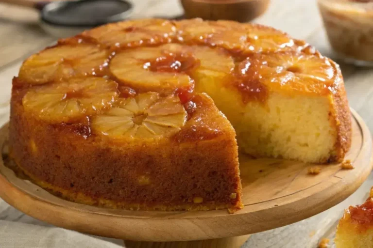 Gâteau à l’Ananas moelleux avec une surface caramélisée, un sirop brillant et une texture légère, présenté sur une table en bois.