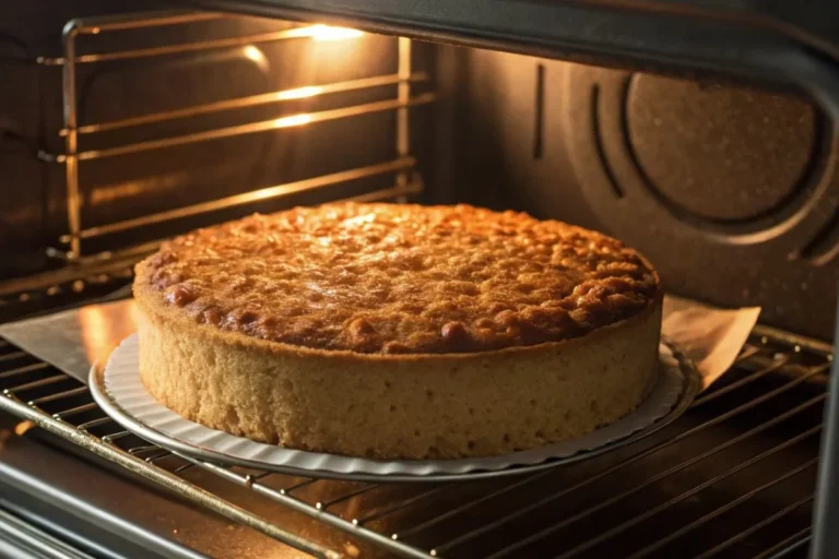 Gâteau à la noisette en train de cuire dans un four légèrement ouvert, avec une belle texture dorée.