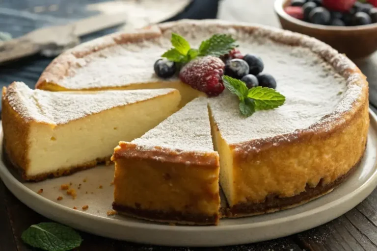 Gâteau fromage blanc moelleux sur une assiette, décoré de fruits rouges et de sucre glace, avec une part coupée révélant sa texture légère.