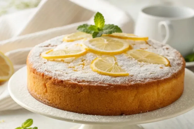 Gâteau au yaourt citron moelleux, doré et saupoudré de sucre glace, décoré de tranches de citron et de menthe sur une table en bois.