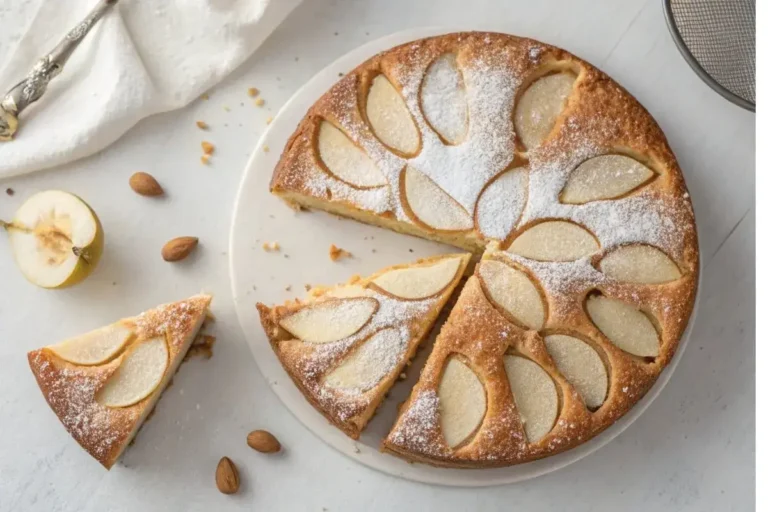 Gâteau aux amandes et aux poires fraîchement cuit, posé sur une table en bois rustique avec des tranches de poire et un saupoudrage de sucre glace, illustrant un dessert moelleux et appétissant.