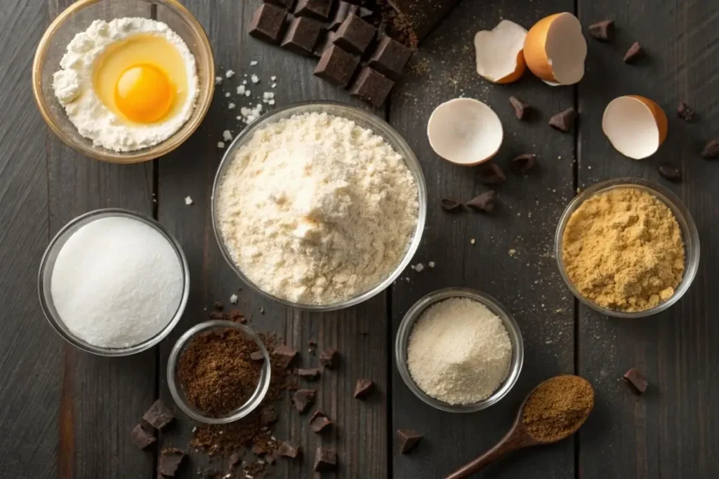 Les ingrédients clés pour préparer des cookies sans gluten : farine de riz, poudre d’amande, sucre de coco, chocolat noir, œufs, beurre, gomme de xanthane.