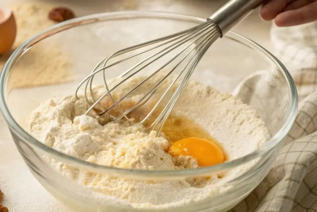 Préparation des cookies sans gluten : mélange de farine et d’ingrédients avec des œufs et du beurre, dans un bol en cuisine.