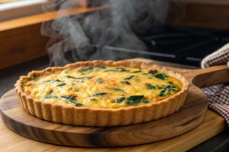 Tarte aux blettes tout juste sortie du four, avec une pâte dorée et un dessus légèrement gratiné, encore fumante sur une planche en bois.