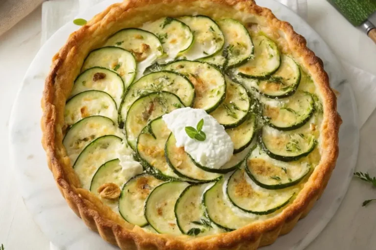 Tarte aux courgettes et chèvre fraîchement cuite, avec une croûte dorée et une garniture de courgettes et fromage de chèvre crémeux, garnie d'herbes fraîches sur une table en bois rustique.
