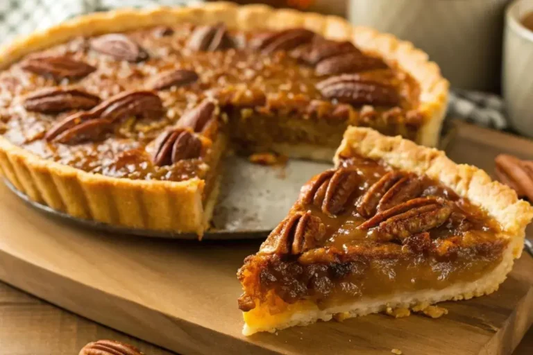 Tarte aux noix de pécan dorée et brillante, avec une croûte croustillante et une garniture caramélisée, servie sur une table en bois.