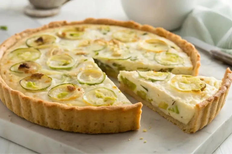 Tarte aux poireaux maison avec une pâte dorée et une garniture fondante au fromage, servie sur une table en bois avec une tranche découpée.