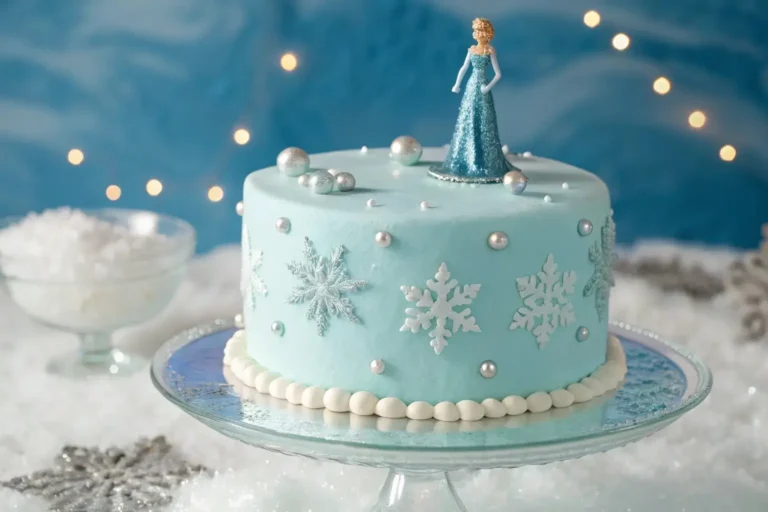 Gâteau Reine des Neiges décoré avec du fondant bleu, des flocons de neige en sucre et une figurine d’Elsa sur un support givré.