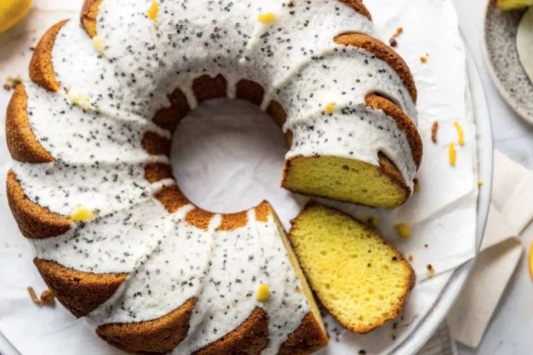 Cake au citron et pavot fraîchement cuit, décoré de zestes de citron et d’un léger glaçage, posé sur une table en bois avec des tranches de citron et des graines de pavot.