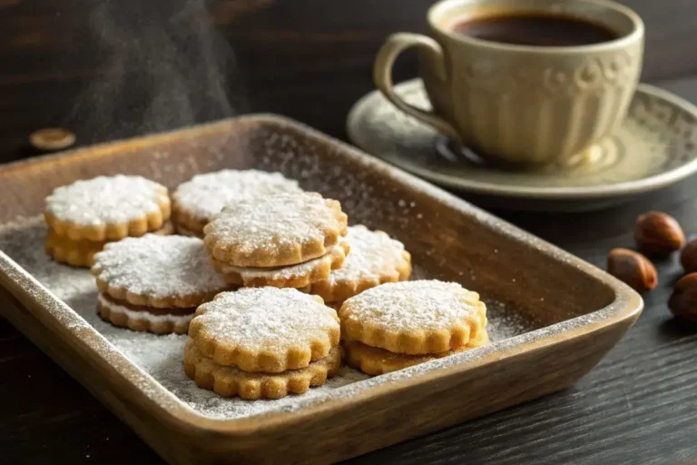 Biscuit à la noisette dorés et croustillants sur une assiette en céramique, accompagnés d’une tasse de café fumante et de noisettes entières sur une table en bois foncé.
