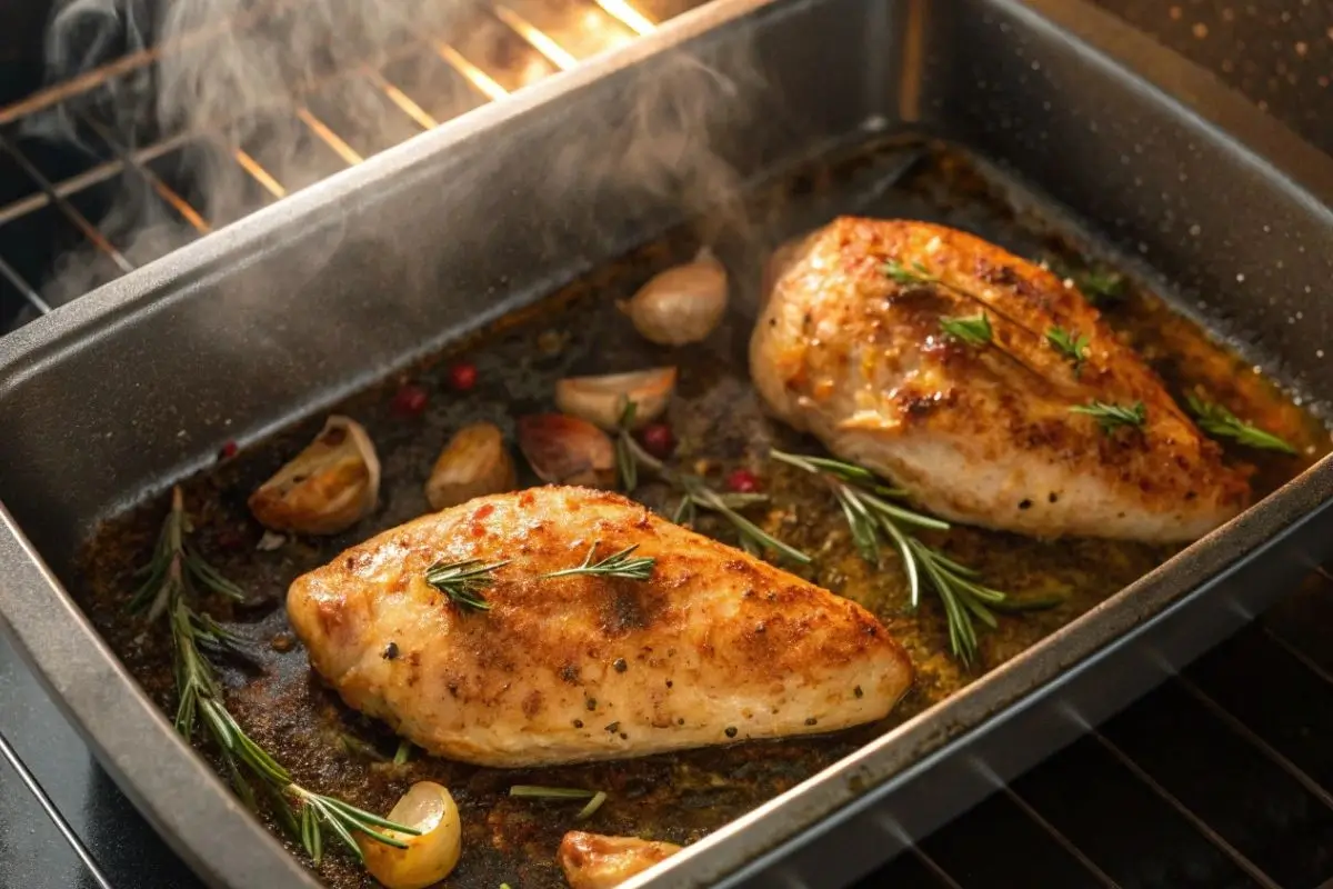 Filets de poulet en train de rôtir dans un plat au four, avec une surface dorée et croustillante, entourés d’ail et de fines herbes, sous une lumière chaude.