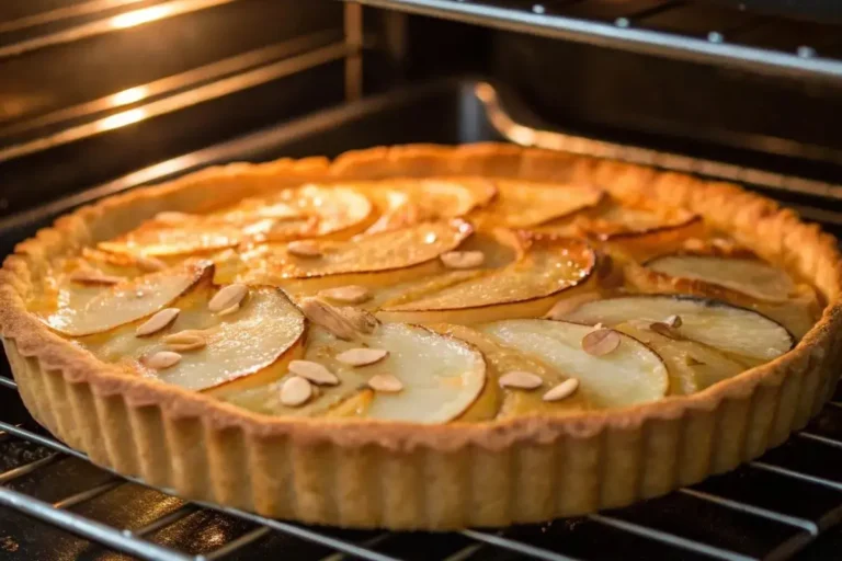 La Tarte Amandine aux Poires en train de cuire au four, dorée et légèrement bouillonnante.