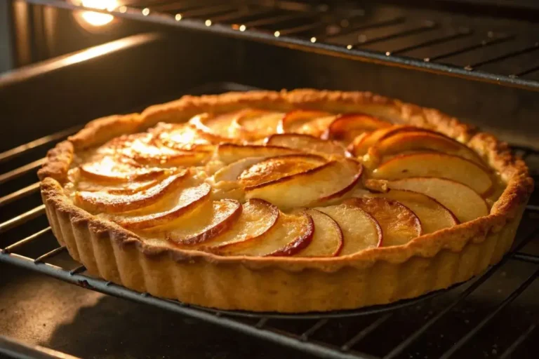 Tarte fine aux pommes cuisant dans un four, avec une croûte dorée et des pommes caramélisées légèrement sur les bords.