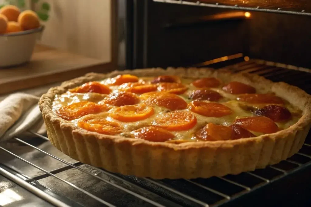 Tarte aux Abricots en train de cuire dans le four, dorée et légèrement caramélisée.
