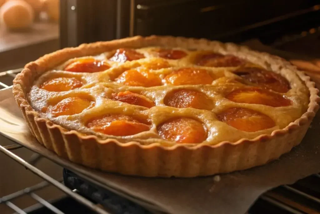 Tarte aux Abricots en train de cuire dans le four, dorée et légèrement caramélisée.