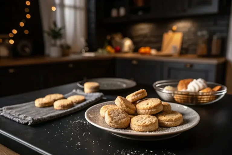 Plateau de biscuits sans gluten dorés, disposés sur une planche en bois avec quelques miettes autour.