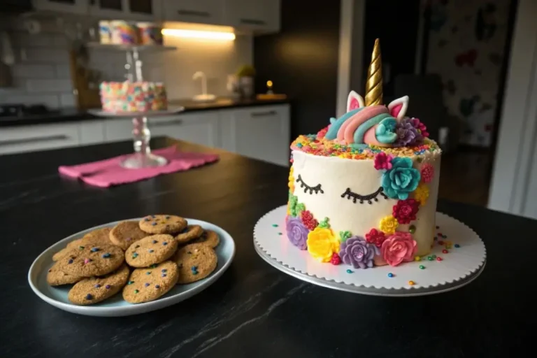 Gâteau licorne décoré avec une corne dorée, des rosettes colorées en crème au beurre et un fond pastel féérique.