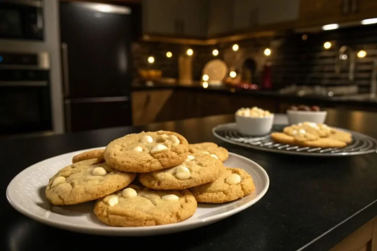 Cookies au chocolat blanc dorés et moelleux avec des morceaux fondants, présentés sur une planche en bois avec un verre de lait.