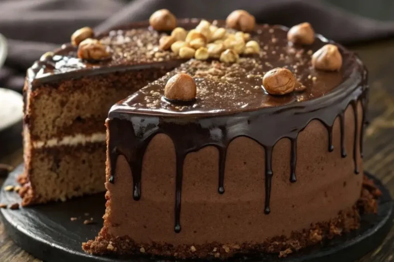 Gâteau au chocolat et aux noisettes moelleux avec ganache fondante, décoré de noisettes concassées, présenté sur une table en bois sombre.