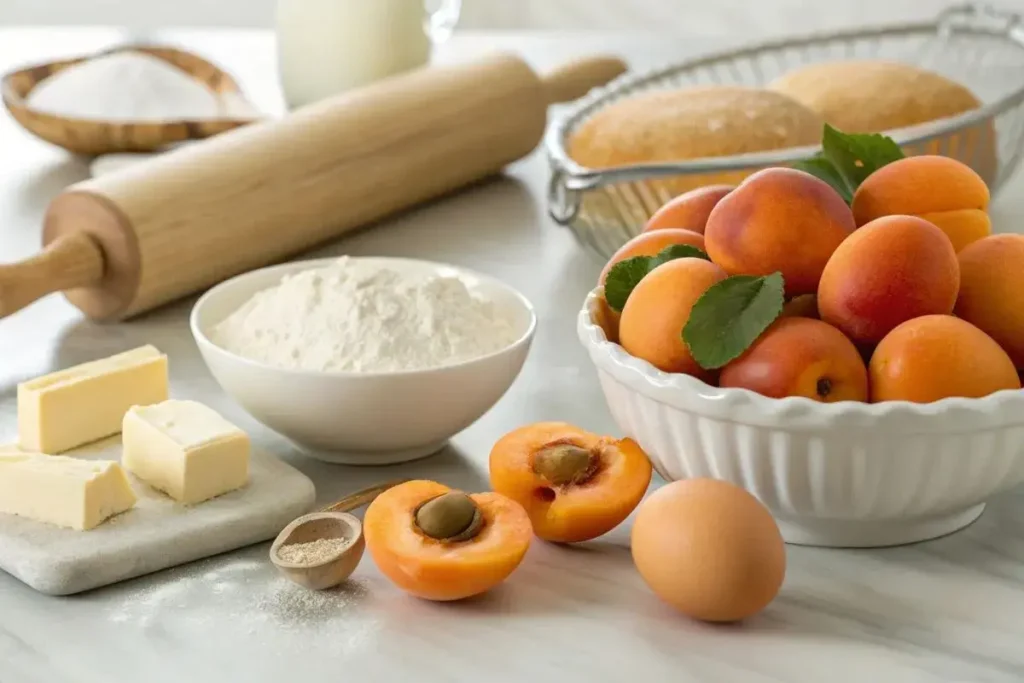 Ingrédients frais pour la Tarte aux Abricots : abricots, beurre, farine, sucre, œufs, et une pincée de sel sur un plan de travail.
