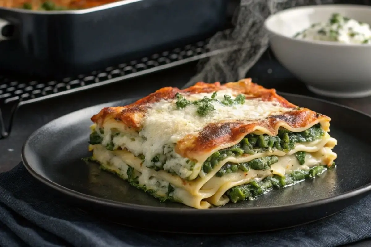 Plat de lasagnes aux épinards et chèvre, bien dorées avec une couche de fromage fondant sur le dessus, servi dans un plat en céramique.