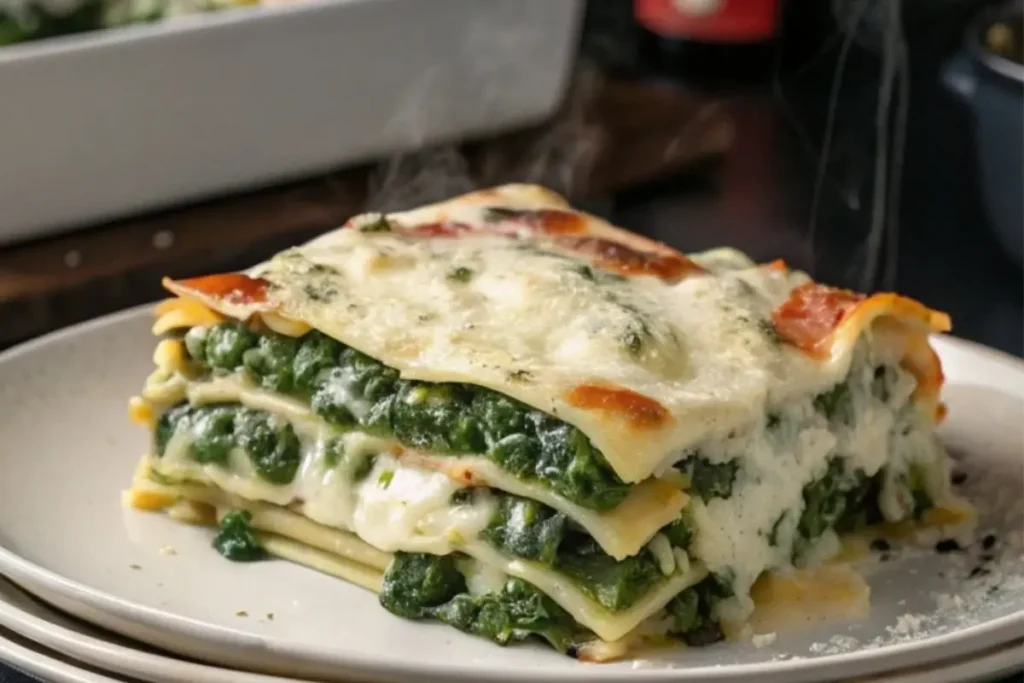 Close-up de lasagnes végétariennes aux épinards et fromage de chèvre, montrant les couches crémeuses et colorées du plat.