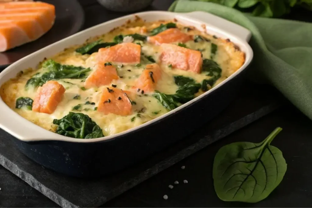 Gratin de crozets au saumon et épinards dans un plat de présentation élégant