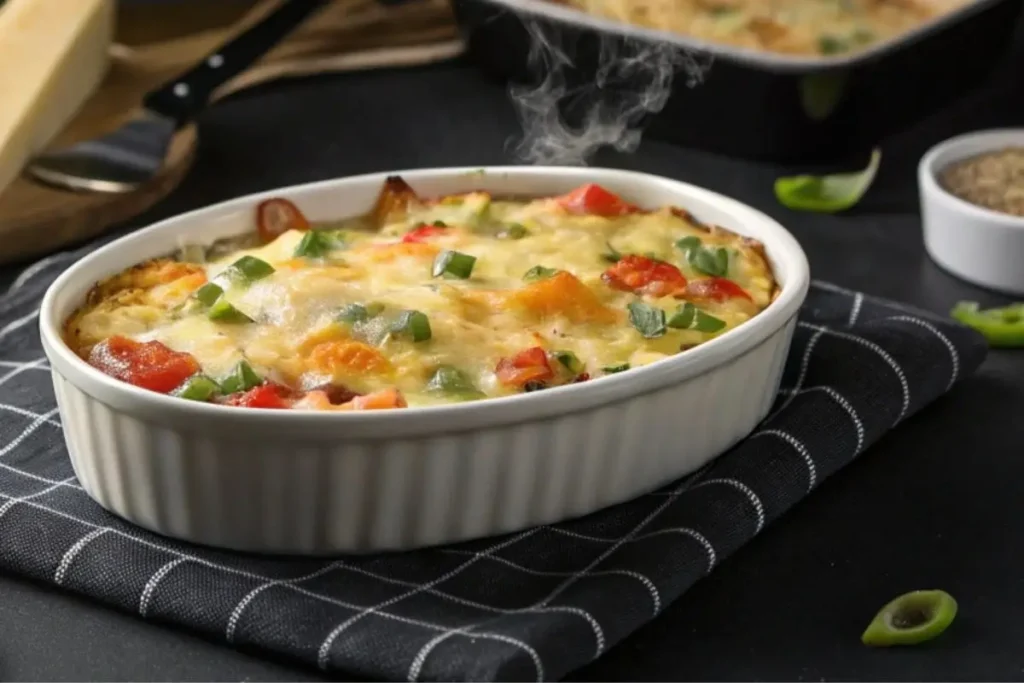 Gratin de crozets végétalien avec légumes de saison dans un plat à gratin