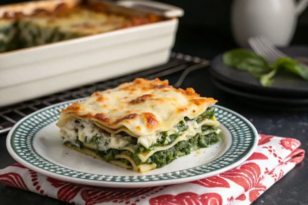 Assiette de lasagnes aux épinards et chèvre accompagnée d'une salade verte fraîche et d'un verre de vin blanc.