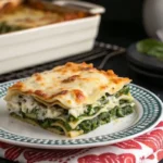 Assiette de lasagnes aux épinards et chèvre accompagnée d'une salade verte fraîche et d'un verre de vin blanc.