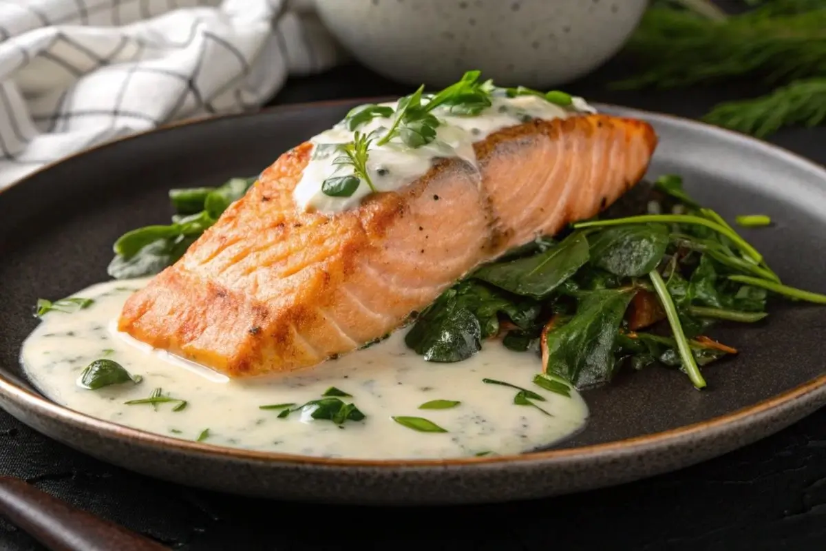 Sauce à l'oseille onctueuse versée sur un filet de poisson, décorée d'herbes fraîches.