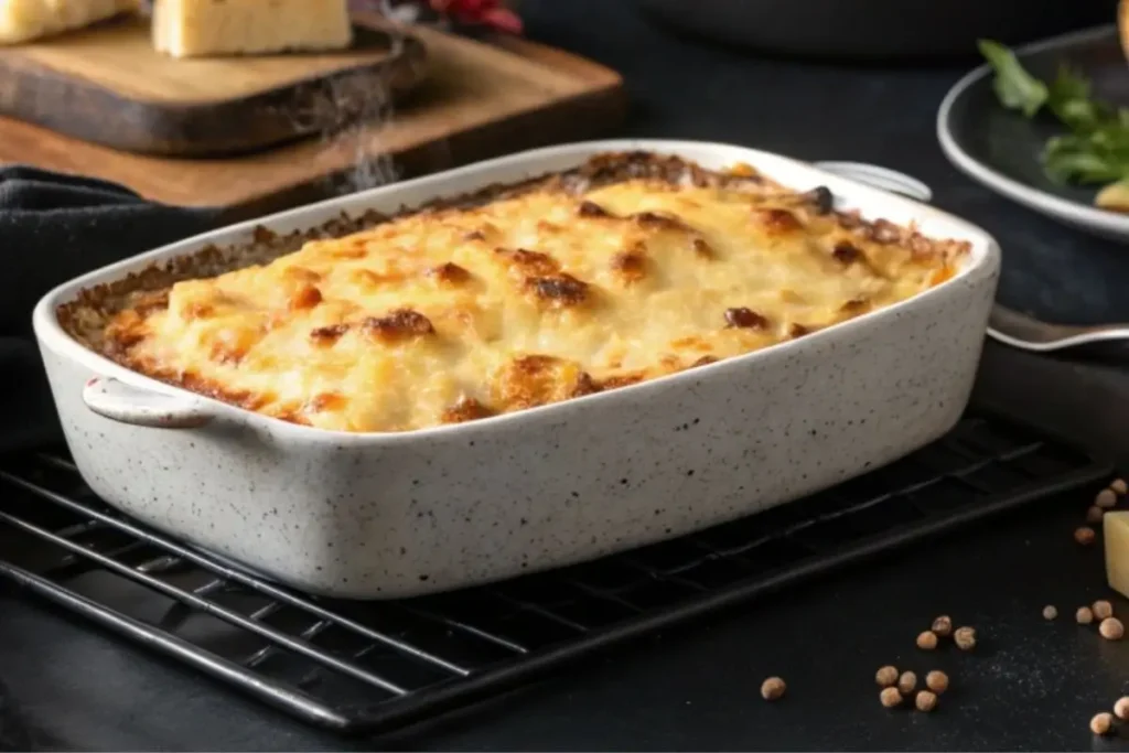 Gratin de crozets au Beaufort cuit au four avec une croûte dorée
