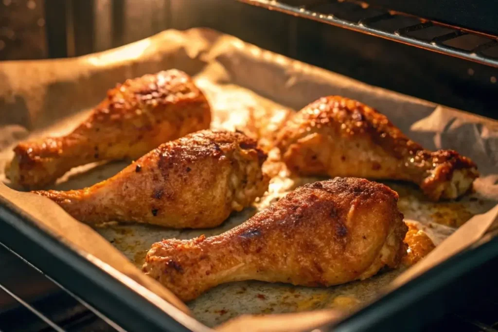 Pilons de poulet en train de cuire dans un four, dorant sur une plaque de cuisson recouverte de papier sulfurisé, avec une peau croustillante et brillante.