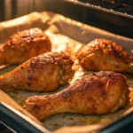 Pilons de poulet en train de cuire dans un four, dorant sur une plaque de cuisson recouverte de papier sulfurisé, avec une peau croustillante et brillante.