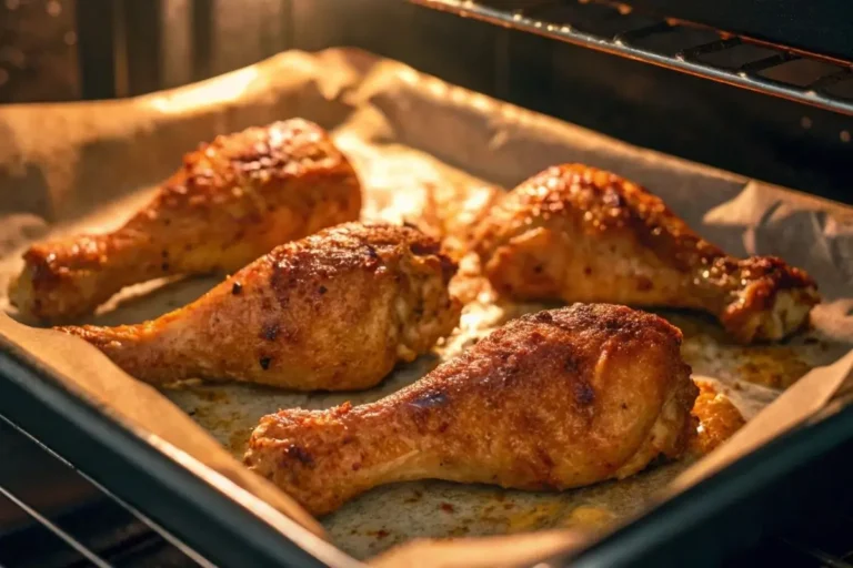 Pilons de poulet en train de cuire dans un four, dorant sur une plaque de cuisson recouverte de papier sulfurisé, avec une peau croustillante et brillante.